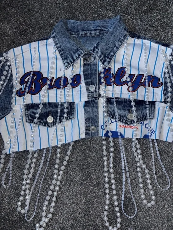 Revamped Rainbow Brooklyn Baseball Graphic Jean Jacket - Picture 3 of 9